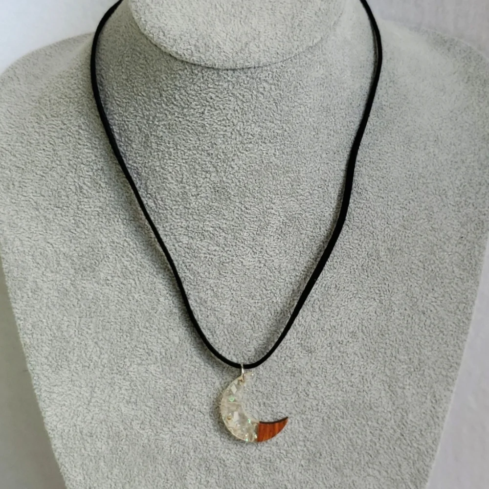 Mens clear acrylic moon charm black suede necklace